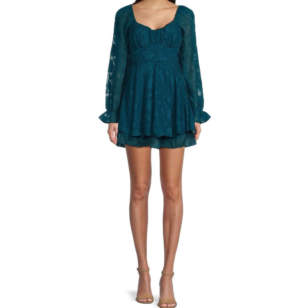 Allison & Kelly Teal blue XL Long Sleeve V-Neck Floral Clip Mini Jacquard Dress